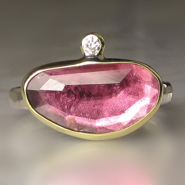 Rose Cut Pink Tourmaline Ring, Pink Tourmaline and Diamond Ring, 18k Gold and Sterling Silver