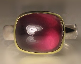Pink Tourmaline Ring, 18k Gold and Sterling Silver, Raspberry Tourmaline Cabochon Ring
