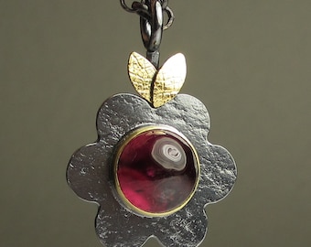 Cherry Red Tourmaline Pendant, Red Tourmaline Flower Pendant, 18k Gold and Sterling Silver