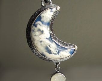 Plume Agate Pendant, Crescent Moon Necklace, Plume Agate Moonstone Pendant, Man in the Moon, 14k Yellow Gold and Sterling Silver