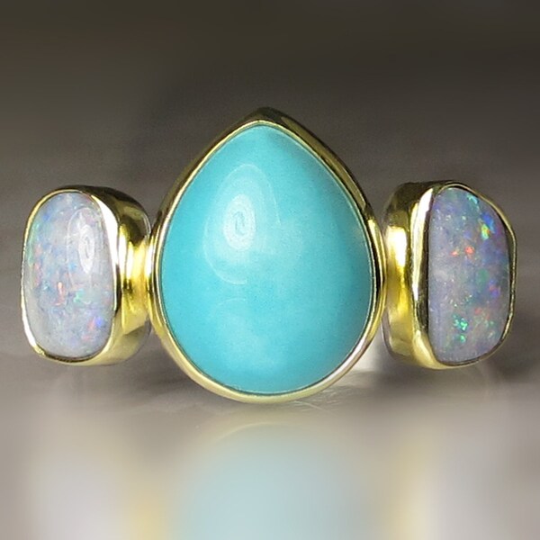 Sleeping Beauty Turquoise Ring, Opal and Sleeping Beauty Turquoise Ring, Boulder Opal and Turquoise Ring, 18k Gold and Sterling Silver