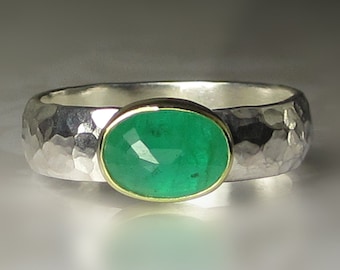 Emerald Ring, Hammered Rose Cut Emerald Ring, 18k Gold and Sterling Silver