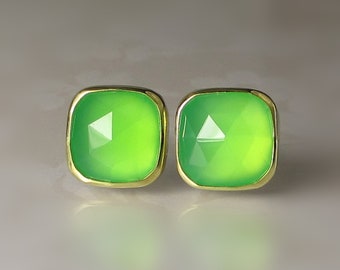 Rose Cut Chrysoprase Earrings, Chrysoprase Studs, Rose Cut Chrysoprase Studs, Chrysoprase Post Earrings, 18k Gold and Sterling