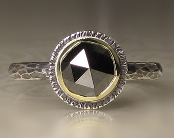Black Diamond Ring, Rose Cut Diamond Engagement Ring, 18k Gold Gold and Oxidized Sterling Silver