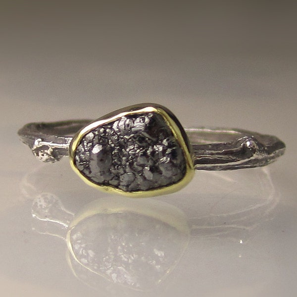 Natural Rough Black Diamond Twig Ring - 18k Gold and Blackened Sterling Silver Engagement Ring