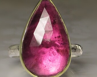 Rose Cut Pink Tourmaline Ring, Teardrop Pink Tourmaline Ring, 18k Gold and Sterling Silver Pink Tourmaline  Ring