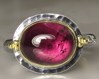 Pink Tourmaline Ring, Magenta Pink Tourmaline Ring, Granulated Tourmaline Cabochon Ring, 18k Gold and Sterling