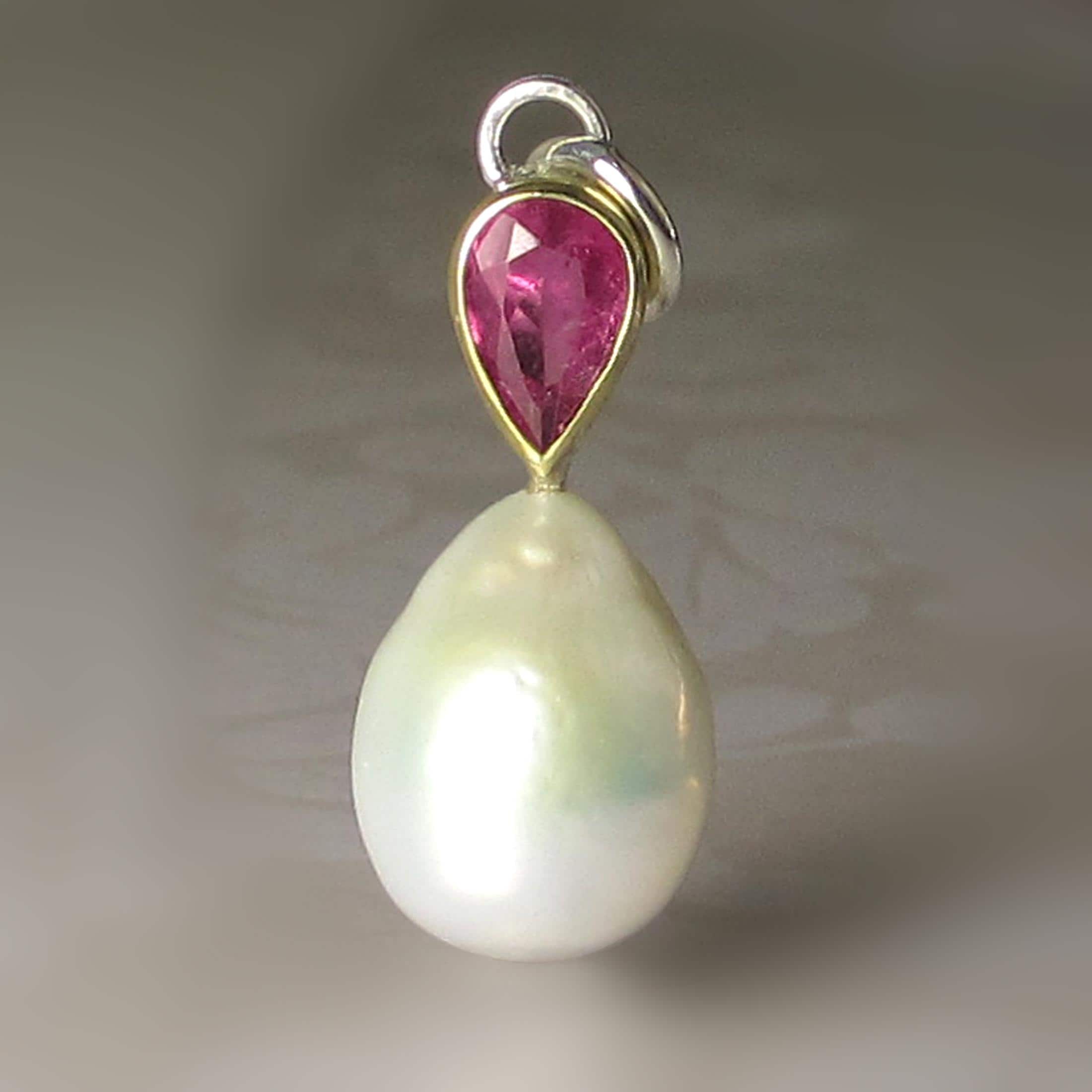 Freshwater Pearl Pendant, Pink Tourmaline and Pearl Pendant,  Rubellite and Baroque Pearl Pendant, 18k Gold and Sterling Silver