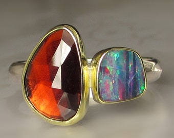 Opal and Garnet Ring, Double Stone Opal Ring, Rose Cut Garnet and Boulder Opal Ring, 18k Gold and Sterling Silver, size 7 1/4