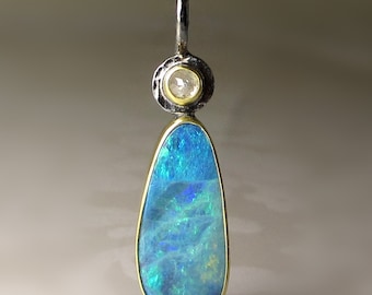 Opal Pendant, Boulder Opal Pendant, Australian Boulder Opal Pendant, Opal Diamond Pendant, 18k Gold and Sterling Silver