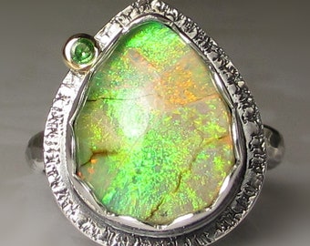 Opal Ring, Monarch Opal Triplet Ring, Opal Green Garnet Ring, Opal Tsavorite Ring, 14k Yellow Gold and Sterling Silver Opal Ring