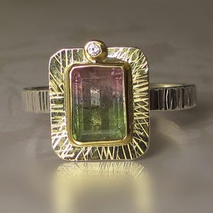 Bicolor Tourmaline Ring, Tourmaline Diamond Ring, 22k Yellow Gold and Sterling Silver, Emerald Cut Watermelon Tourmaline Ring, Size 7