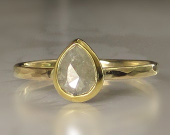 Teardrop Diamond Ring, 22k and 14k Yellow Gold, Rose Cut Diamond Engagement Ring