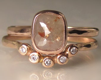 Rose Cut Diamond Engagement Ring, 14k Rose Gold Rose Cut Diamond Ring, Hammered Rose Cut Diamond Wedding Set