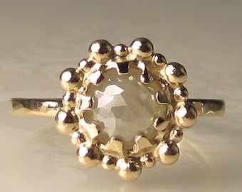 Granulated Diamond Ring, 14k Gold Rose Cut Diamond Engagement Ring, Unique 14k Yellow Gold Rose Cut Diamond Ring,