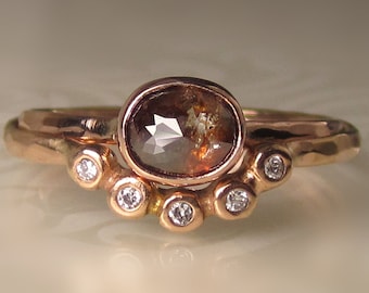 Cognac Rose Cut Diamond Engagement Ring, Hammered Rose Cut Diamond Wedding Set, 14k Rose Gold Rose Cut Diamond Ring