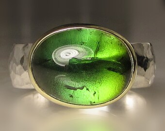 Green Tourmaline Ring, Green Tourmaline Cabochon Ring, Hammered Green Tourmaline Ring, 18k Gold and Sterling Silver