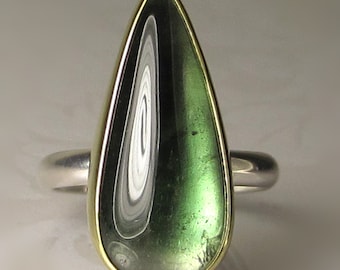 Bicolor Tourmaline Ring, Green and Whtie Tourmaline Ring, Ombre Tourmaline Cabochon Ring, 18k Gold and Sterling Silver
