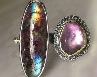 Purple Labradorite Amethyst Ring, Open Amethyst and Labradorite Ring, 18k Gold, 14k Gold and Sterling Silver, Open Face Ring, size 6 1/2