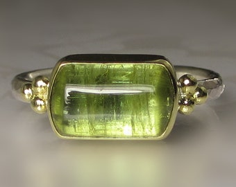 Green Tourmaline Ring, 18k Gold and Sterling Silver Granulated Ring, Green Tourmaline Cabochon Ring