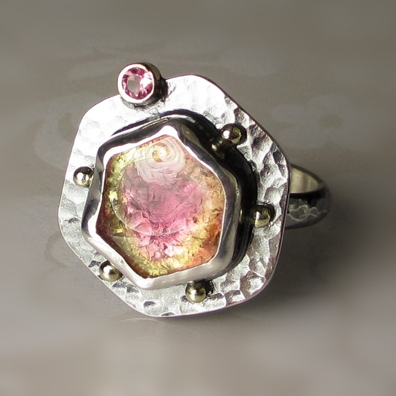 Bicolor Tourmaline Slice Ring, Watermelon Tourmaline Ring, Hammered Hexagon Slice Tourmaline Ring, 14k Yellow Gold and Sterling Silver image 6