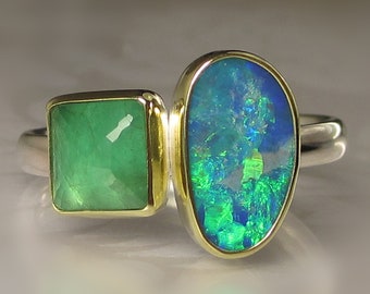 Boulder Opal and Emerald Ring, 18k Gold and Sterling Silver, Opal Emerald Ring