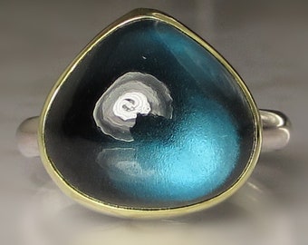 London Blue Topaz Ring, Blue Topaz Cabochon Ring, London Blue Topaz Cocktail Ring, 18k Gold and Sterling Silver