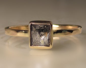 Salt and Pepper Diamond Engagement Ring, 14k Yellow Gold Diamond Ring, Hammered Rose Cut Diamond Ring