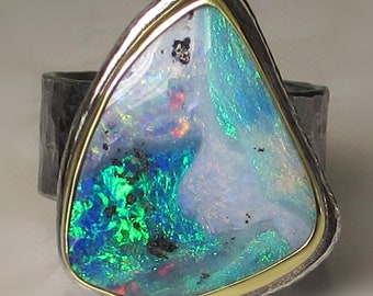 Opal Ring, Australian Boulder Opal Ring, Solid Fiery Boulder Opal Ring, 18k Gold and Sterling Silver