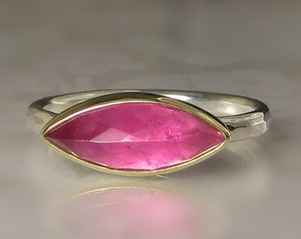 Pink Tourmaline Ring, Marquise Tourmaline Ring, Inverted Pink Tourmaline Ring, 18k Gold and Sterling Silver