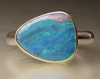 Opal Ring, Boulder Opal Ring, Australian Opal Ring, Blue Opal Ring, Blue Opal Ring, 18k Gold and Sterling Silver