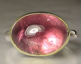 Pink Tourmaline Ring, Oval Pink Tourmaline Ring, Peachy Pink Tourmaline Cabochon Ring, 18k Gold and Sterling Silver