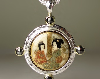 Antique Satsuma Black Diamond Pendant, Satsuma Woman and Girl Pendant, Mother Daughter Black Diamond Necklace, 18k Gold and Fine Silver