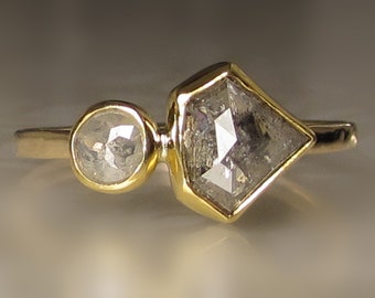 Salt and Pepper Diamond Ring, 22k and 14k Yellow Gold Rose Cut Diamond Ring, Double Diamond Engagement Ring