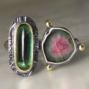 Watermelon Tourmaline Slice Ring, Green Tourmaline Ring, Double Tourmaline Ring, Open Face Ring, 18k Gold and Sterling Silver, Size 6 3/4