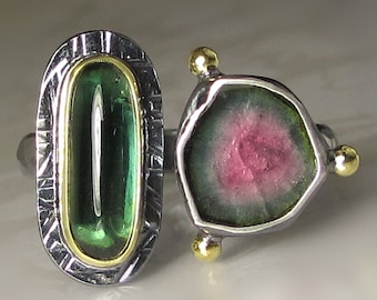 Watermelon Tourmaline Slice Ring, Green Tourmaline Ring, Double Tourmaline Ring, Open Face Ring, 18k Gold and Sterling Silver, Size 6 3/4