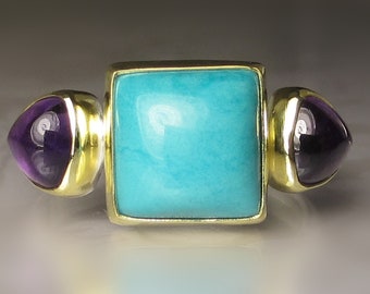 Sleeping Beauty Turquoise and Amethyst Ring, 18k Gold and Sterling Silver
