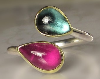 Pink Tourmaline and Blue/Green Tourmaline Ring, 18k Gold and Sterling Silver, Open Face Bypass Ring,  Tourmaline Bypass Ring