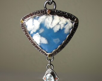 Plume Agate Pendant, Cloud Stone Pendant Necklace, Cloud Agate Necklace, Faceted Aquamarine Drop, 14k Yellow Gold and Sterling Silver