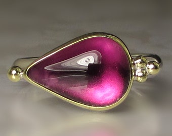 Pink Tourmaline Ring, 18k Gold and Sterling Silver Granulated Ring, Sideswept Pink Tourmaline Cabochon Ring