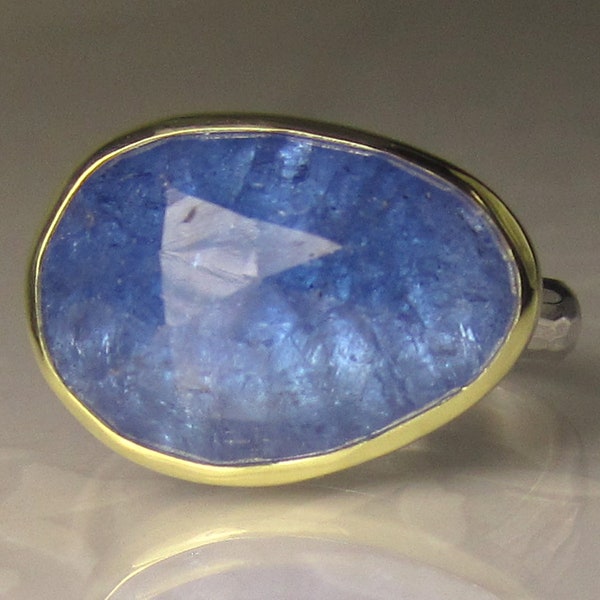 Unique Rose Cut Tanzanite Ring, 18k Gold and Sterling Silver, Hammered Tanzanite Cocktail Ring