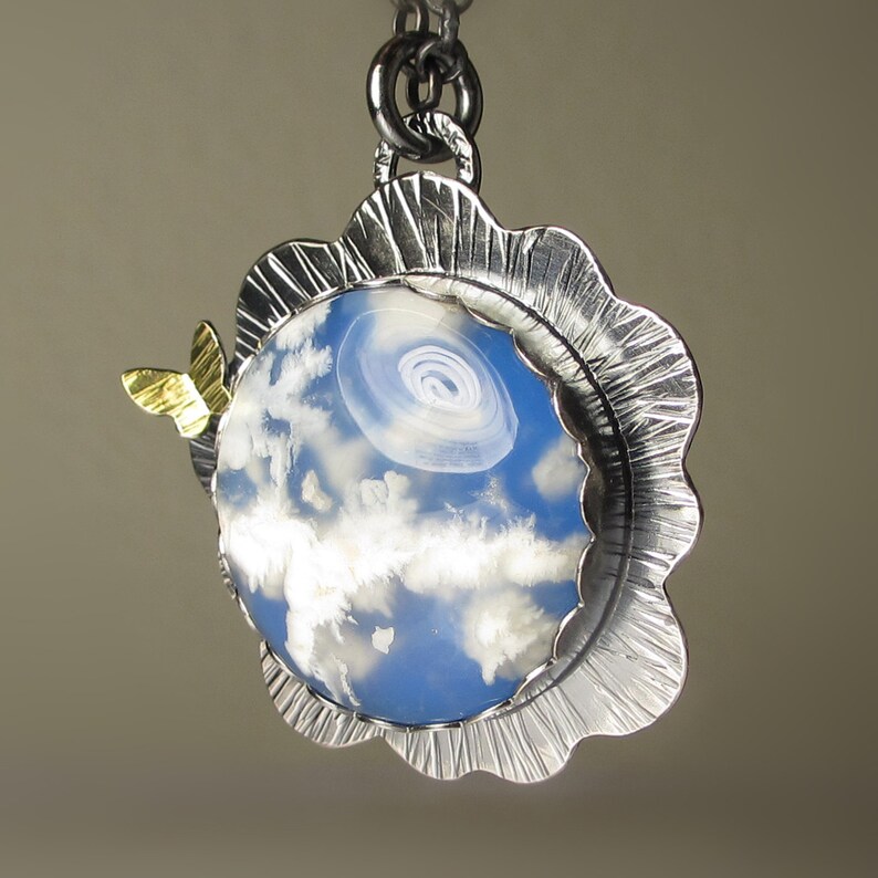 Plume Agate Pendant, Cloud Stone Pendant Necklace, Cloud Agate Necklace, 18k Yellow Gold and Sterling Silver image 4
