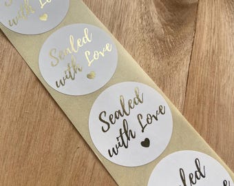 50 x Black 38mm Labels with Shiny Gold Print - Sealed with Love Stickers for Party Invitation Envelope Seals