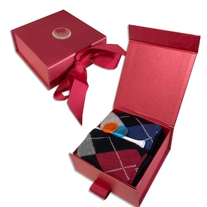 Regalo di golf per lui Scatola rossa Calzini con pallina stampata in oro Tee Pennarelli Scatola regalo di Natale Papà Nonno Golfista