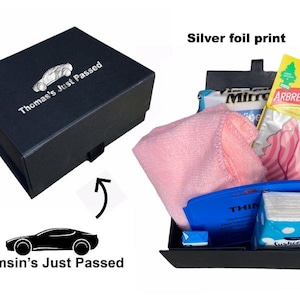 Personalised Just passed driving test womens new car gift box silver print new driver survival kit congratulations girls box