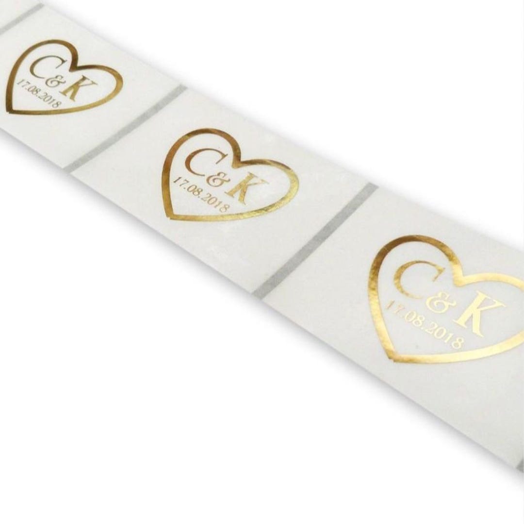 100 Gold Foil Heart Wedding Labels, Personalized Initial Stickers - Etsy