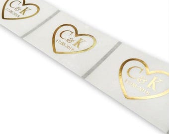100 Gold Foil Heart Wedding Labels, Personalized Initial Stickers