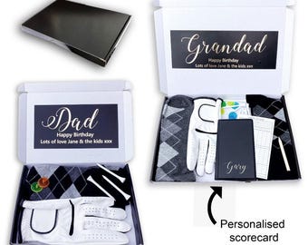 Personalised black golf box postal gift socks scorecard glove custom name birthday box socks glove custom message