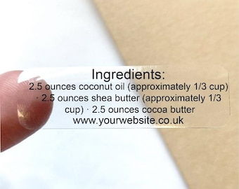 Custom Text Ingredient Stickers, Clear Waterproof Labels