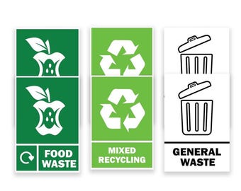 Etiquetas de vinilo permanentes para contenedores de basura de 6 x 4 pulgadas (2 para reciclaje mixto, 2 para residuos generales y 2 para residuos de alimentos). Pegatinas autoadhesivas para contenedores de basura para interiores y exteriores.
